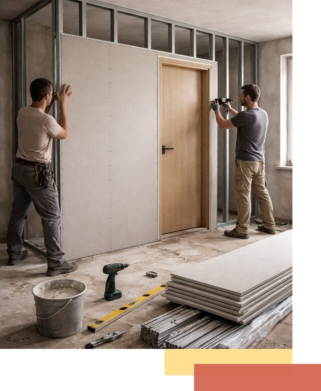 Перегородка из гипсокартона с дверью под ключ в Егорьевске