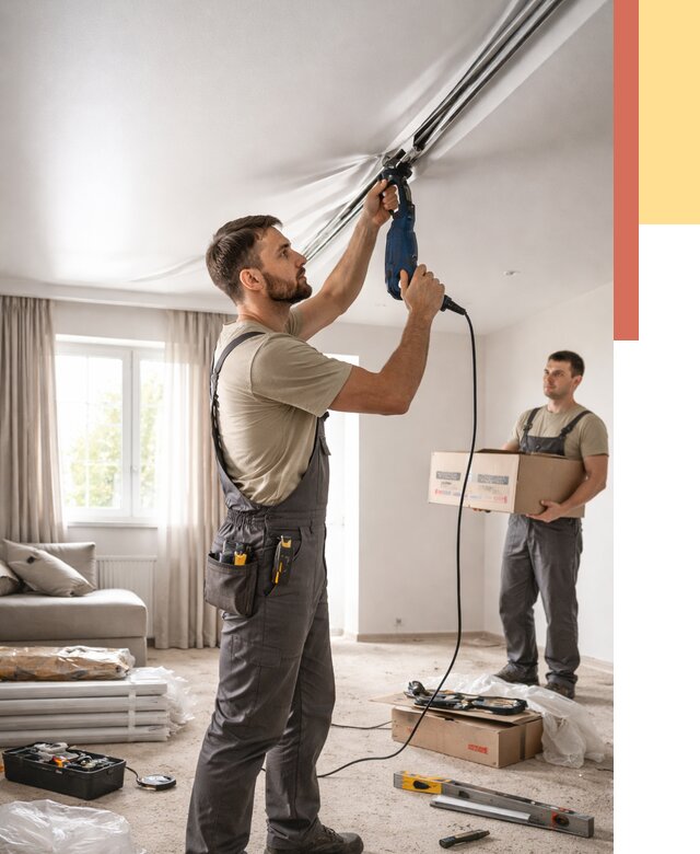 Монтаж сатинового натяжного потолка в Егорьевске от 3544 руб. | Быстро, недорого — ОТДЕЛОЧНИК-Грь