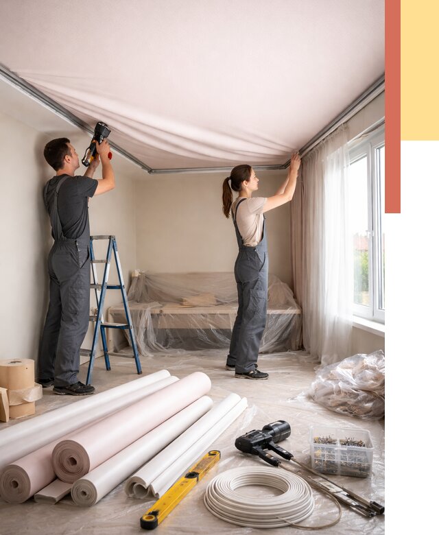 Монтаж цветного натяжного потолка в Егорьевске от 4253 руб/м² — быстро и недорого | ОТДЕЛОЧНИК-Грь