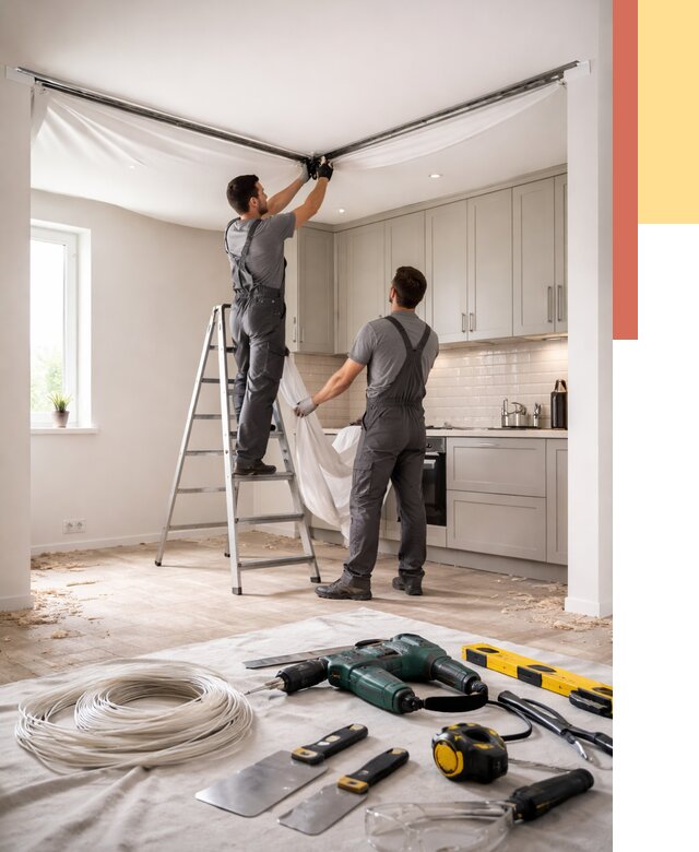 Установка натяжного потолка на кухне в Егорьевске от 2430 руб. | ОТДЕЛОЧНИК-Грь