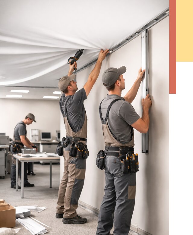 Монтаж натяжного потолка в офисе в Егорьевске от 456 руб/м² — быстро и недорого | ОТДЕЛОЧНИК-Грь