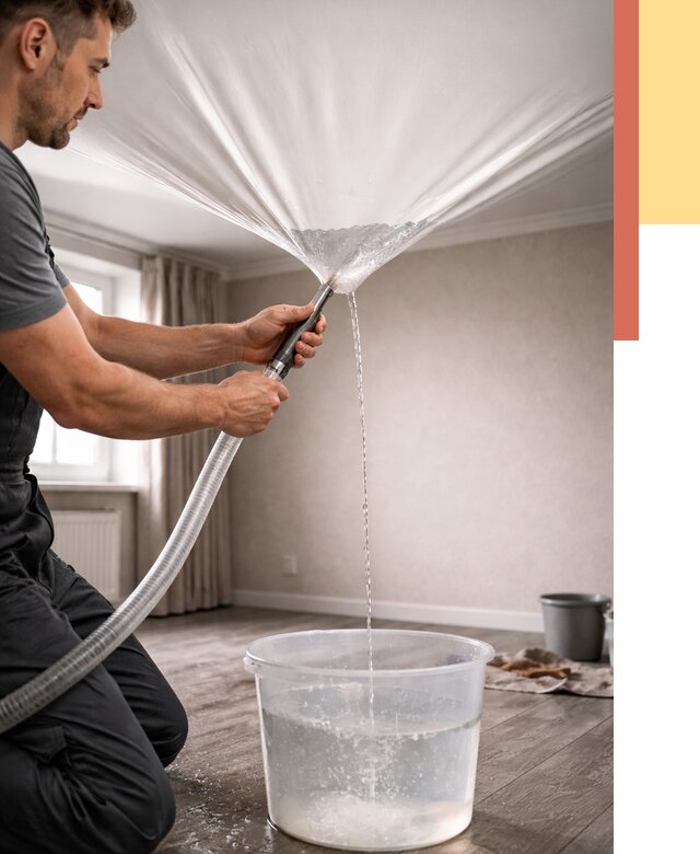 Слив воды с натяжного потолка в Егорьевске от 2532 руб. быстро и недорого | ОТДЕЛОЧНИК-Грь