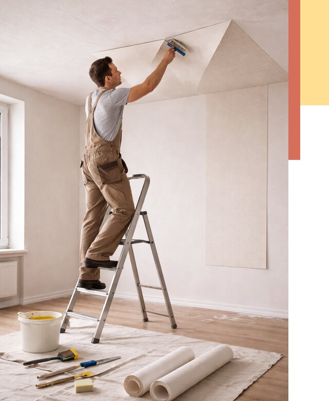 Поклейка обоев на потолок в Егорьевске от 4557 руб. быстро и недорого | ОТДЕЛОЧНИК-Грь